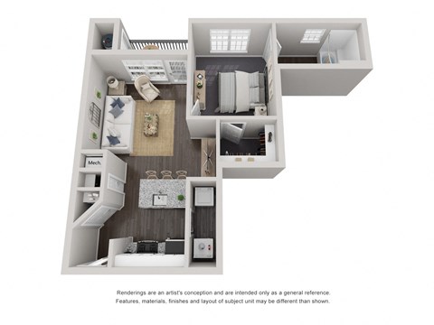 Floor plan for 1 bed, 1 bath, 565 sqft